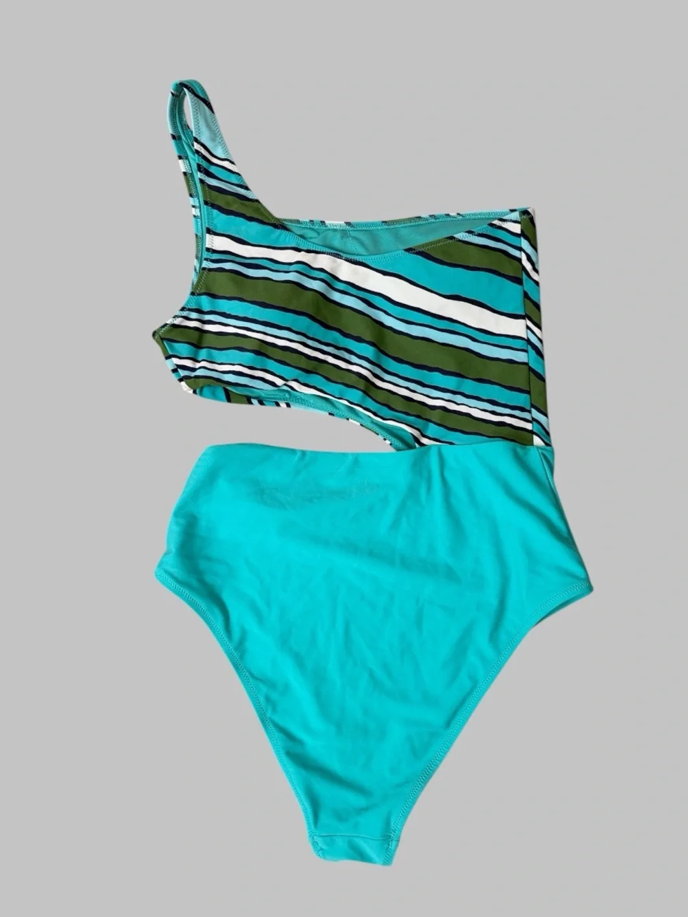 Aerie One Piece One Shoulder Cheeky Blue Striped Swimsuit